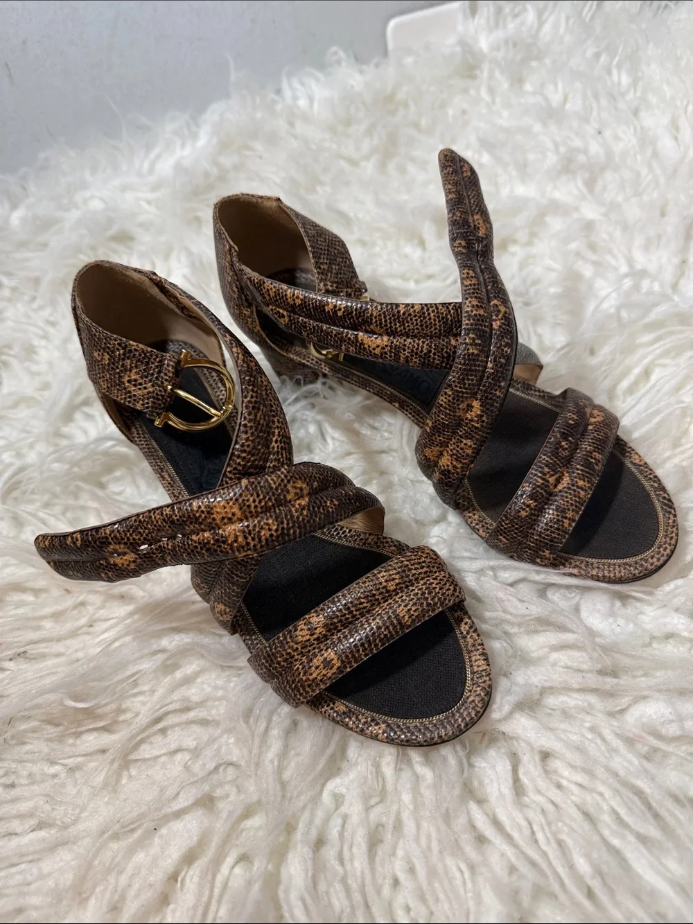 RARE Salvatore Ferragamo Brown Snakeskin Crisscross Strap Heels size 6 to 6.5